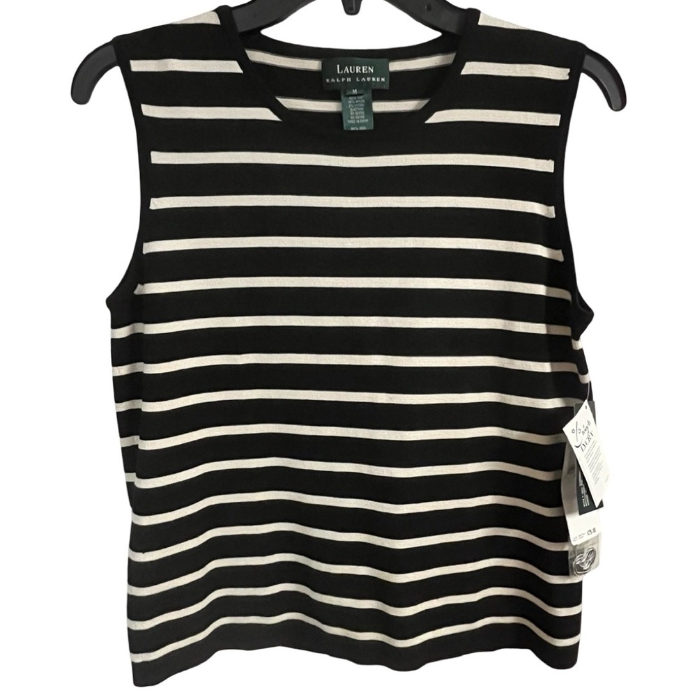 NWT Lauren Ralph Lauren Silk Blend Striped Knit Top Black White Size Medium